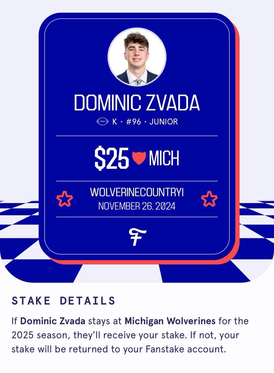 umichcountry's tweet photo. Kicker Dominic Zvada has been a bright spot on this year’s Michigan team! I just staked him to return for next season on @FanstakeHQ. Join me and get your stake matched https://t.co/3RGNxl8llr #FanstakePartner https://t.co/HgntPD9UbI