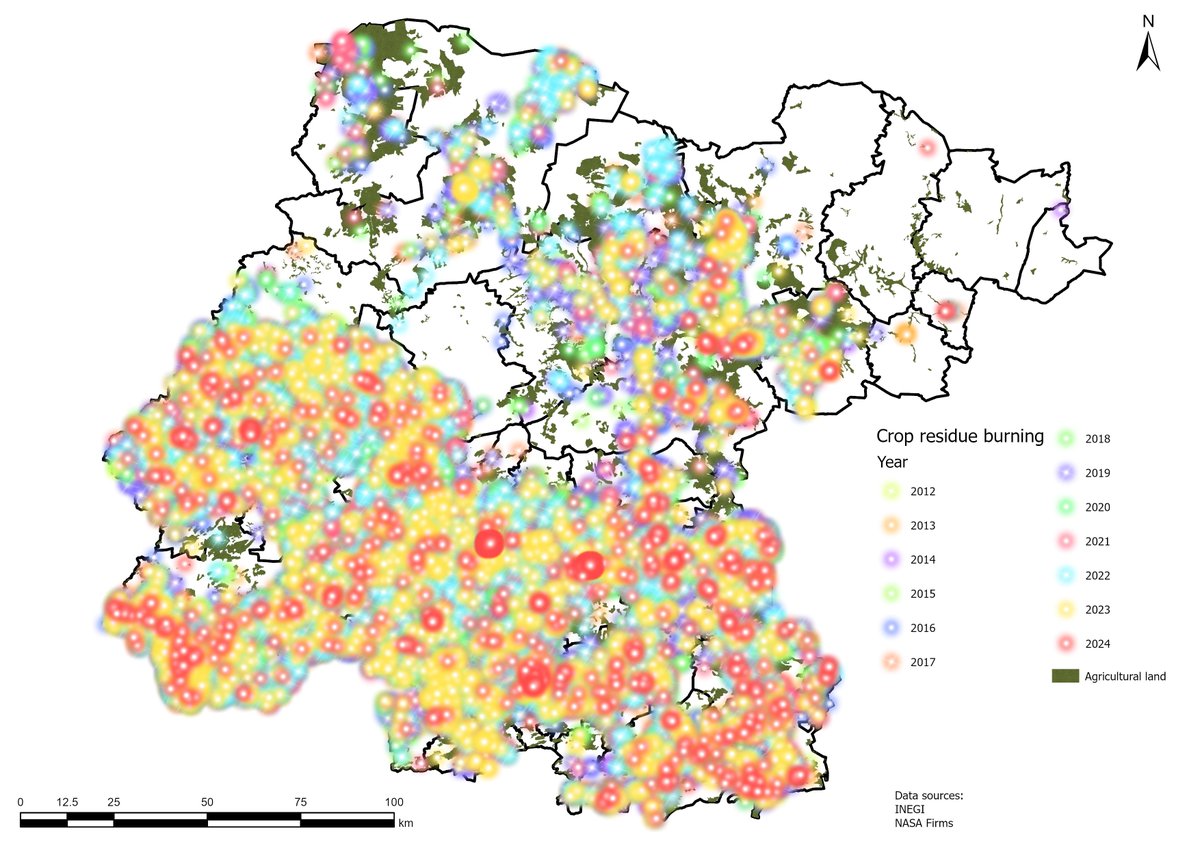 #30DayMapChallenge ·Day 25 · Heat Crop residue burning in Guanajuato state, Mexico. Time to switch to conservation agriculture systems for climate smarter agriculture, carbon sequestration and less emissions Was supposed to be a gif animation but X didn't like the format.
