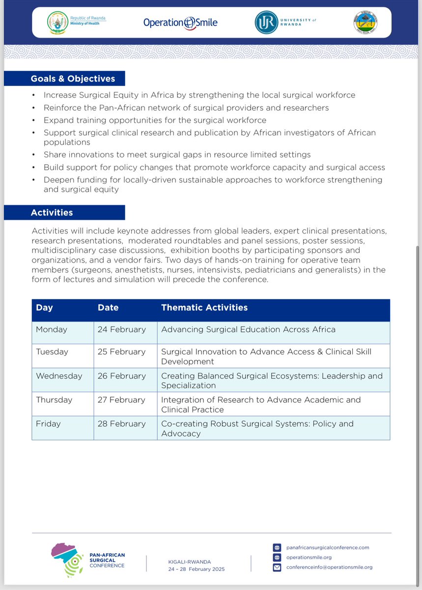 Operation Smile (@operationsmile) on Twitter photo Excited to announce the Pan-African Surgical Conference happening 24–28 Feb 2025 in Rwanda! Organized with @OperationSmile, <a href="/Surgical_RW/">Rwanda Surgical Soci</a>, <a href="/Uni_Rwanda/">University of Rwanda</a> & <a href="/RwandaHealth/">Ministry of Health | Rwanda</a>, this event will unite experts to tackle key challenges in surgery. Learn more:
bit.ly/3OoSldc
#PASC2025 Excited to announce the Pan-African Surgical Conference happening 24–28 Feb 2025 in Rwanda! Organized with @OperationSmile, <a href="/Surgical_RW/">Rwanda Surgical Soci</a>, <a href="/Uni_Rwanda/">University of Rwanda</a> & <a href="/RwandaHealth/">Ministry of Health | Rwanda</a>, this event will unite experts to tackle key challenges in surgery. Learn more:
bit.ly/3OoSldc
#PASC2025