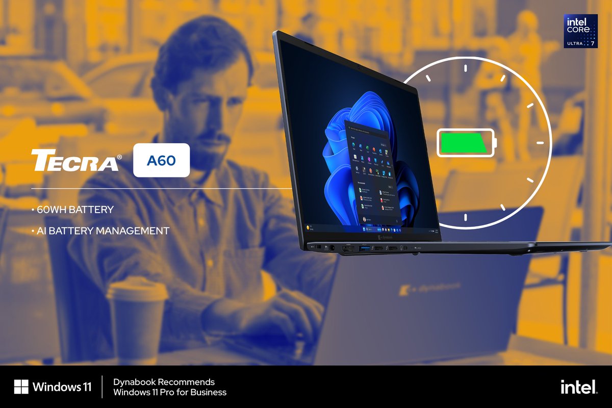 dynabookusa's tweet image. Power through your work day with our 16-inch Tecra A60, built to last through early morning meetings to late-night deadlines. 

#Tecra #AllDayBattery #SmallBusinessTech #WorkAnywhere #UnstoppablePower #Dynabook #Intel #Laptop #Windows11Pro
