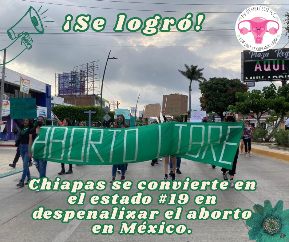 #ULTIMAHORA. 📢

En #Chiapas el derecho al #aborto es ley hasta las 12.6 semanas de gestación. 💚

Con 33 votos a favor, 01 en contra y 04 abstenciones el <a href="/congresoChis/">Honorable Congreso del Estado de Chiapas</a>  despenalizó el aborto.

Con ello Chiapas se convierte en el estado 19 en despenalizar el aborto en #México.