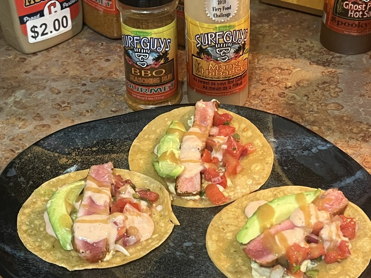 SurfguysHotSauc's tweet image. Pan seared ahi tuna with pico de gallo, pico aioli, and sliced avocado on a thin low carb corn tortilla. Kicked up with our award winning mango habanero hot sauce and yes we seasoned it with our gourmet rub.
#therub #hotsauce #surfguyshotsauces