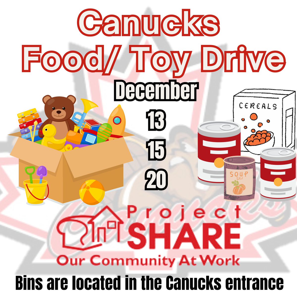 NF_Canucks's tweet image. The Canucks will be holding a Food/Toy drive on behalf of @ProjectSHARE_NF 
We are collecting non perishable food and unwrapped gifts (either toys for little kids or older gifts for teens) 
Bins will be located at the Canucks Main entrance. 
#givingback #ourcommunityatwork #ojhl
