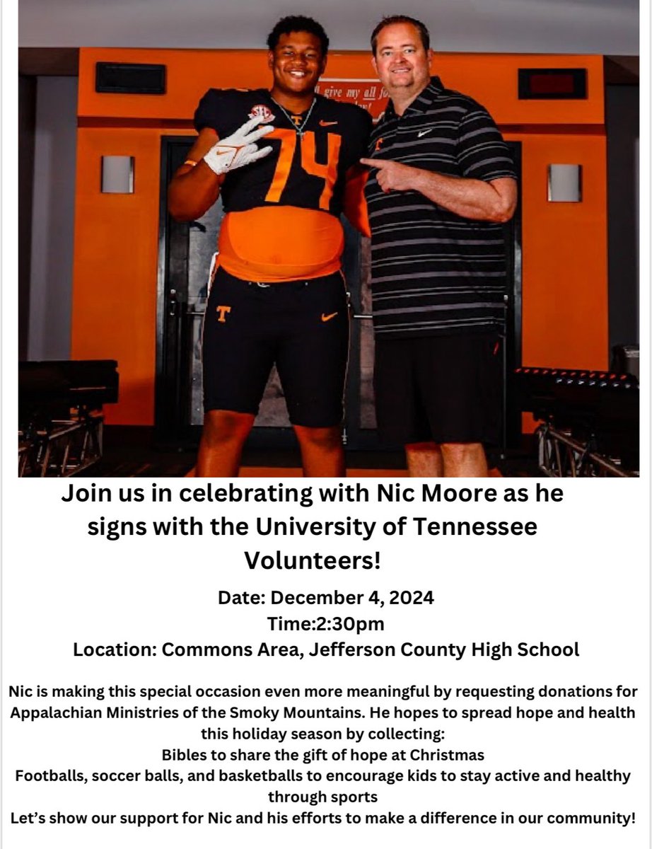 nic moore⭐️⭐️⭐️⭐️ (@nica48188) on Twitter photo Join me on December 4th for my signing to the university of Tennessee! As a contribution to the community that has given me so much, I would ask that everyone to bring a Christmas gift and/or a Bible of some sort that can be given to children in need! GBO🍊
<a href="/patriotsports/">Jefferson County Athletics</a>
#Vols Join me on December 4th for my signing to the university of Tennessee! As a contribution to the community that has given me so much, I would ask that everyone to bring a Christmas gift and/or a Bible of some sort that can be given to children in need! GBO🍊
<a href="/patriotsports/">Jefferson County Athletics</a>
#Vols