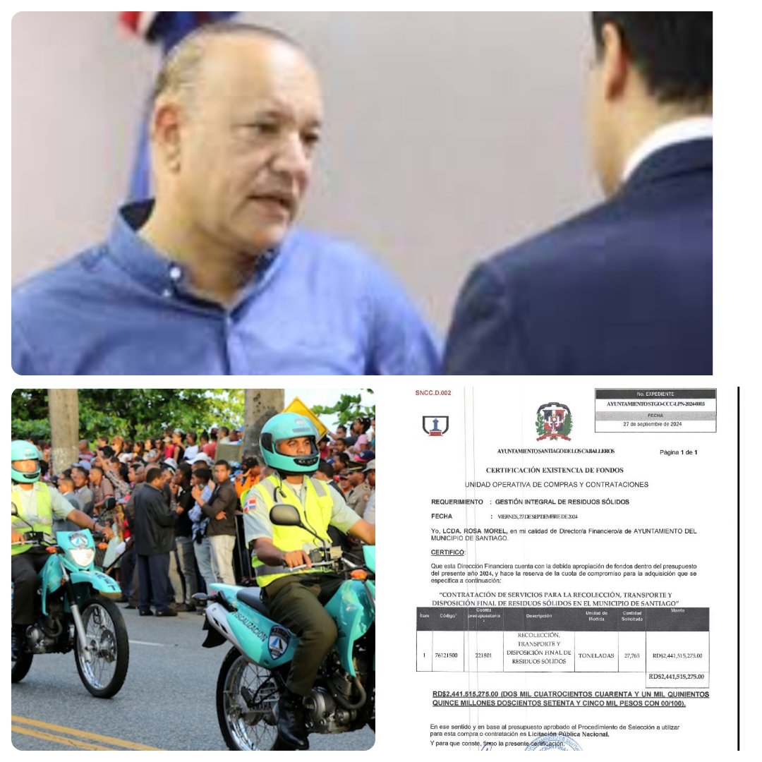 Jgrullon26's tweet photo. En #Santiago: el alcalde #UlisesRodriguez logra dar “un palo acechao”, con un contrato a su favor aumentado por más de 1,000 millones de pesos; mientras se desplaza en la ciudad con "flanqueadores motorizados".
Los humildes del Cambio solo en discursos, NO en la practica. https://t.co/rmUTZsOwWj
