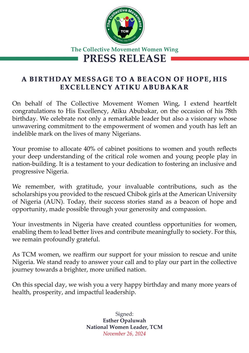 OfficialTCM_'s tweet photo. We celebrate a beacon of hope and an advocate for women empowerment, His Excellency Atiku Abubakar, on his 78th birthday. Your unwavering commitment to youth and women inclusion inspires us all. Happy Birthday, Waziri Adamawa! #AtikuAt78 #TCMWomen #OneMindOnePurpose https://t.co/FAcqsO2SbF