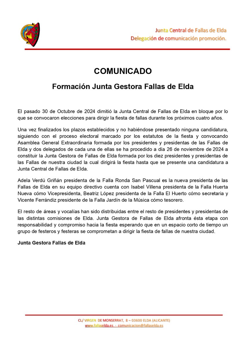 COMUNICADO OFICIAL

#JuntaCentralFallasElda #FallasElda #EldaenFallas #elda #madeinelda #JuntsMolemMés #FallesUNESCO #SomPatrimoni #fallas #fiestadelfuego #alicante #valencia #comunidadvalenciana #fallascv