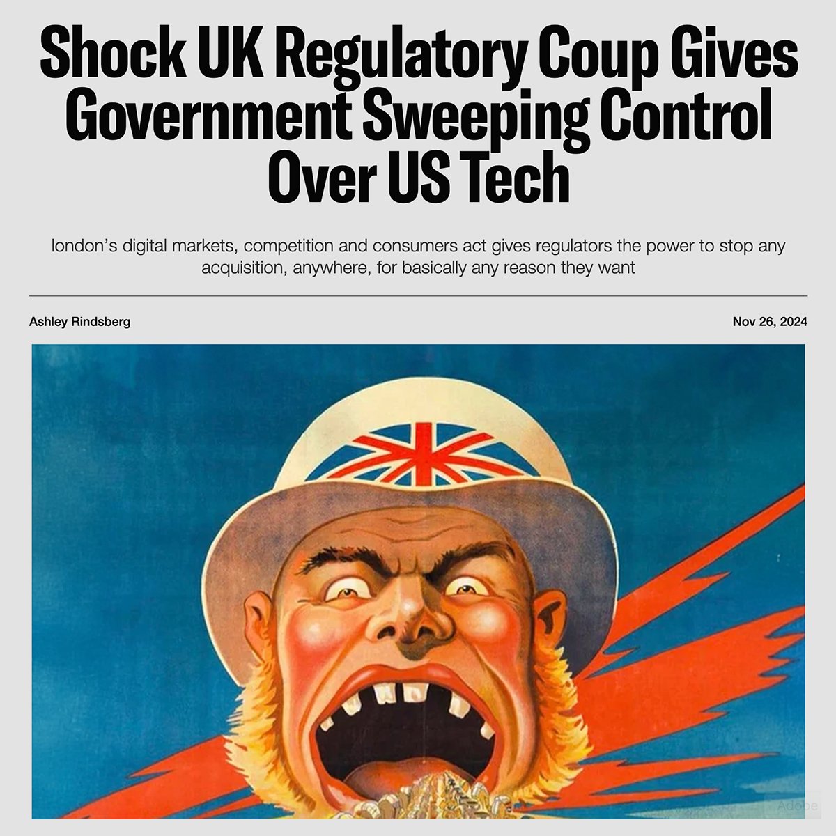 PirateWires's tweet image. A new regulatory coup in the UK could give London regulators the power interfere at the level of product design and to stop any tech acquisition, anywhere, for basically any reason they want. More:

• A newly minted UK regulator will soon be handed a raft of sweeping powers that…