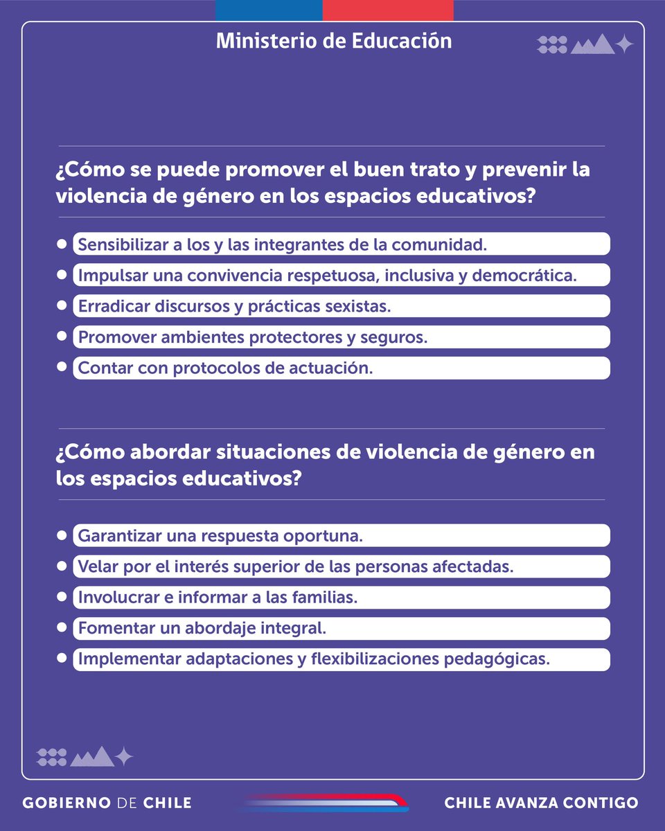 supereduc_cl's tweet photo. Hoy les compartimos este decálogo basado en la cartilla N°10 de la Política Nacional de Convivencia Educativa, que provee un conjunto de orientaciones para que los equipos educativos contribuyan a la promoción de vidas libres de violencia de género. https://t.co/FghSswSsAw