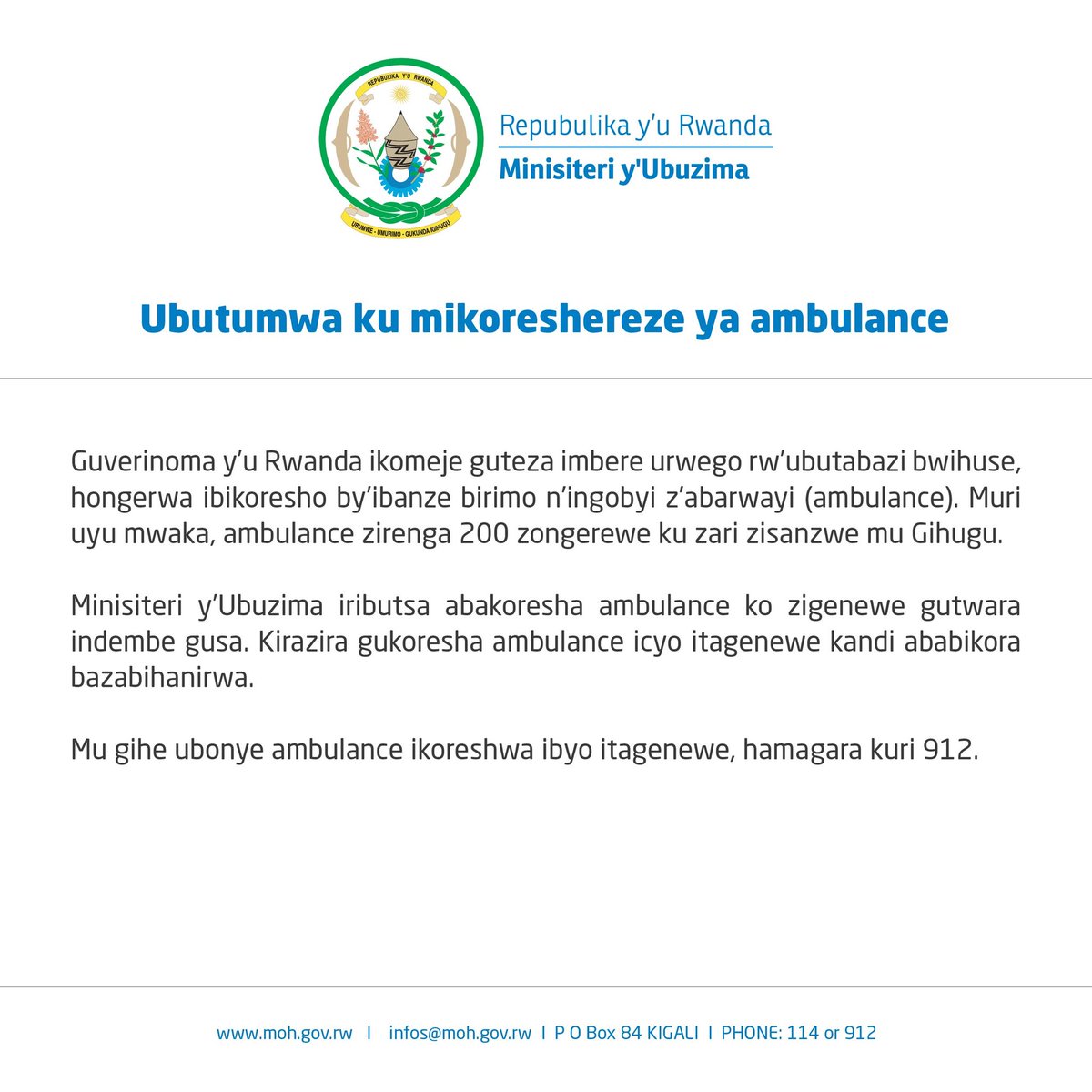 RwandaHealth's tweet photo. Ubutumwa ku mikoreshereze ya ambulance

Communique on usage of ambulances

Communiqué sur l'utilisation des ambulances