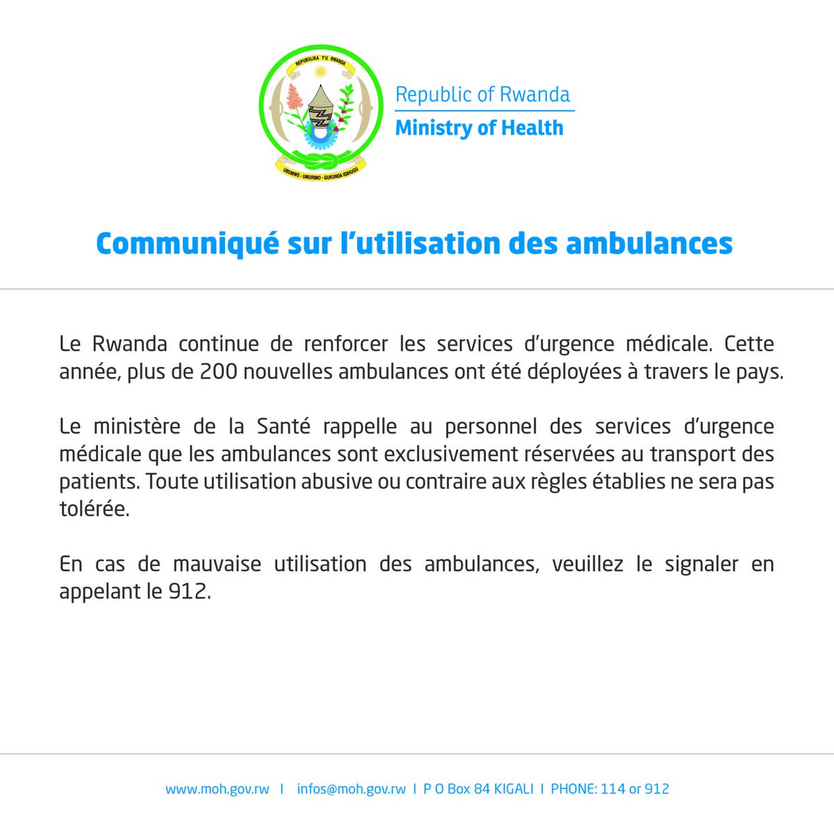 RwandaHealth's tweet photo. Ubutumwa ku mikoreshereze ya ambulance

Communique on usage of ambulances

Communiqué sur l'utilisation des ambulances