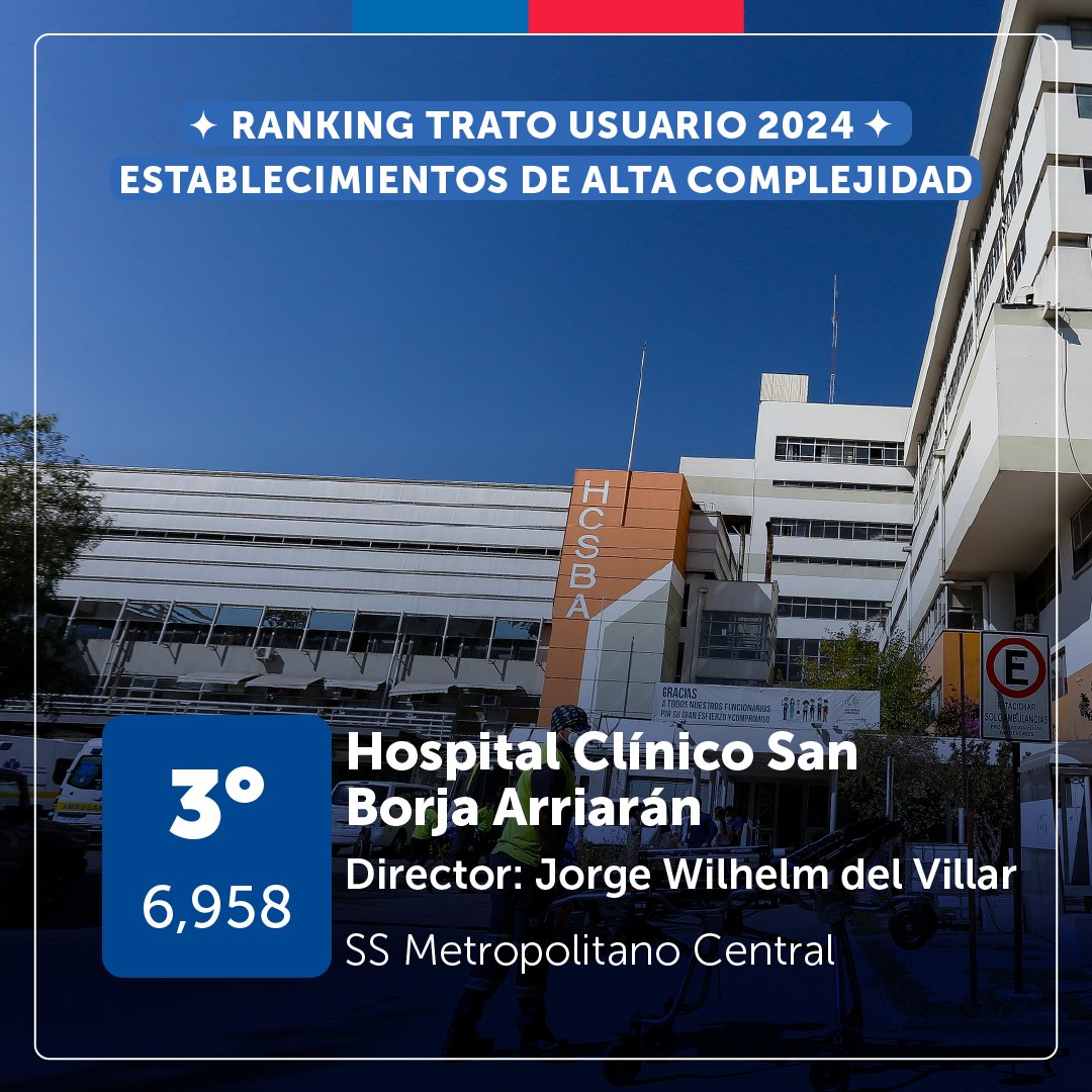 👏🏽Felicitamos al Hospital Clínico San Borja Arriarán y a todas y todos sus trabajadores por obtener el tercer lugar en el "Ranking Trato Usuario 2024" en la categoría alta complejidad luego de la aplicación de la encuesta "Trato Usuario 2024".