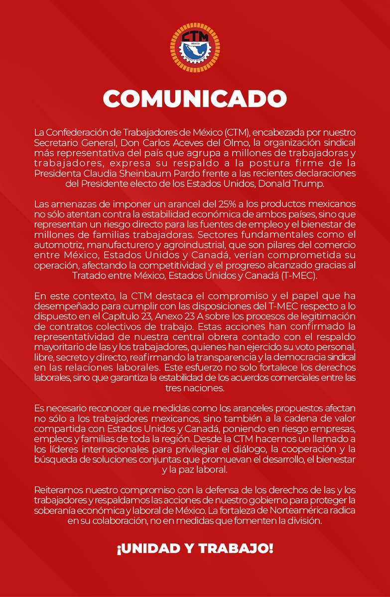 En relación con la postura de la Presidenta de México, la Dra. Claudia Sheinbaum, sobre los aranceles anunciados por el presidente electo de Estados Unidos, Donald Trump, la Confederación de Trabajadores de México emitió un comunicado.👇