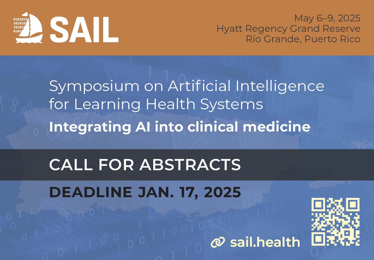 🚨 CALL FOR ABSTRACTS OPEN 🚨

Join #SAIL25 from May 6-9 in Río Grande, Puerto Rico 🏝️

Top abstract will be awarded travel support and cash scholarships by <a href="/NEJM_AI/">NEJM AI</a>.

In-person attendance is limited to those with accepted work.

Submit by January 17th: sail.health/event/sail-202…