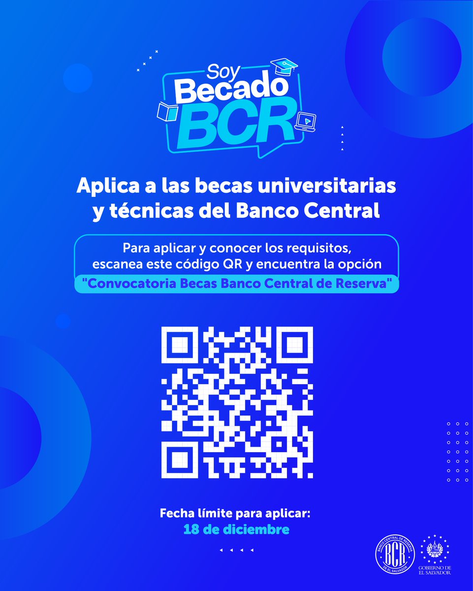 Lee detenidamente los requisitos para aplicar a las becas BCR, haciendo clic en este link: bit.ly/4fF6Qpg, o escanea el código QR 📲. ¡Continúa en el camino hacia alcanzar tus sueños! 🙌