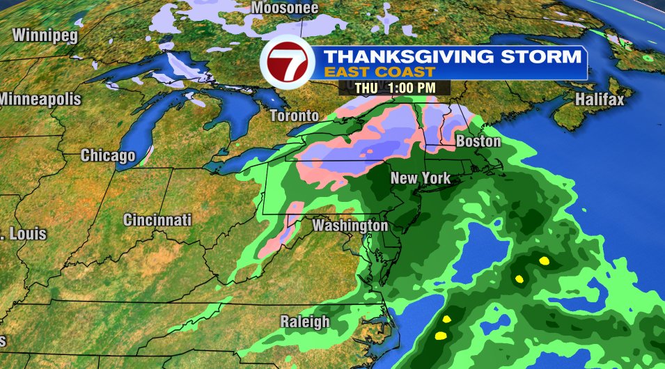 THANKSGIVING STORM🦃 
-All day rain for most in southern New England
-Mix/snow higher terrain, especially northern New England
-Air travel Thursday: Wet weather BOS, NYC, PHILLY, DC
-Car travel Thursday: Wet for most, white Vermont New Hampshire, Berkshires
- Cold air follows!