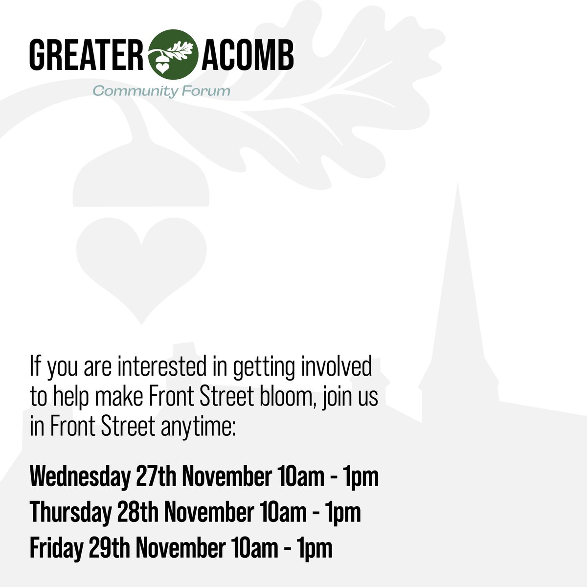 We will be planting the new containers in Front Street later this week. If you are interested in getting involved to help make Front Street bloom, join us in Front Street anytime on Wednesday, Thursday, or Friday between 10am and 1pm.

#acombfrontstreet #acomb #community