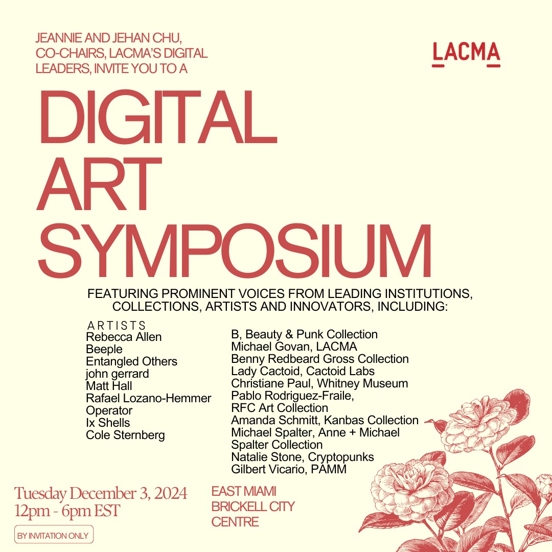 LadyCactoid's tweet photo. ✨❤️ Please join @LACMA in Miami <> Dec 3

✨❤️ Hosted by @collectionist @jeannievu & @CactoidLabs & museum's new Digital Leaders council

✨❤️Featuring an incredible lineup of artists, scholars, curators & collectors @beeple @soficrespo91  @entangledothers @operator_______ @john__gerrard @matthall2000 @NaughtalieStone @ix_shells @colesternberg @beautyandpunk @redbeardnft @ChristianePaul2 @michaelspalter @annespalter @pablorfraile @markswmeaning @Kanbas_ & more...

✨❤️Register here: https://t.co/sz8QkUracN