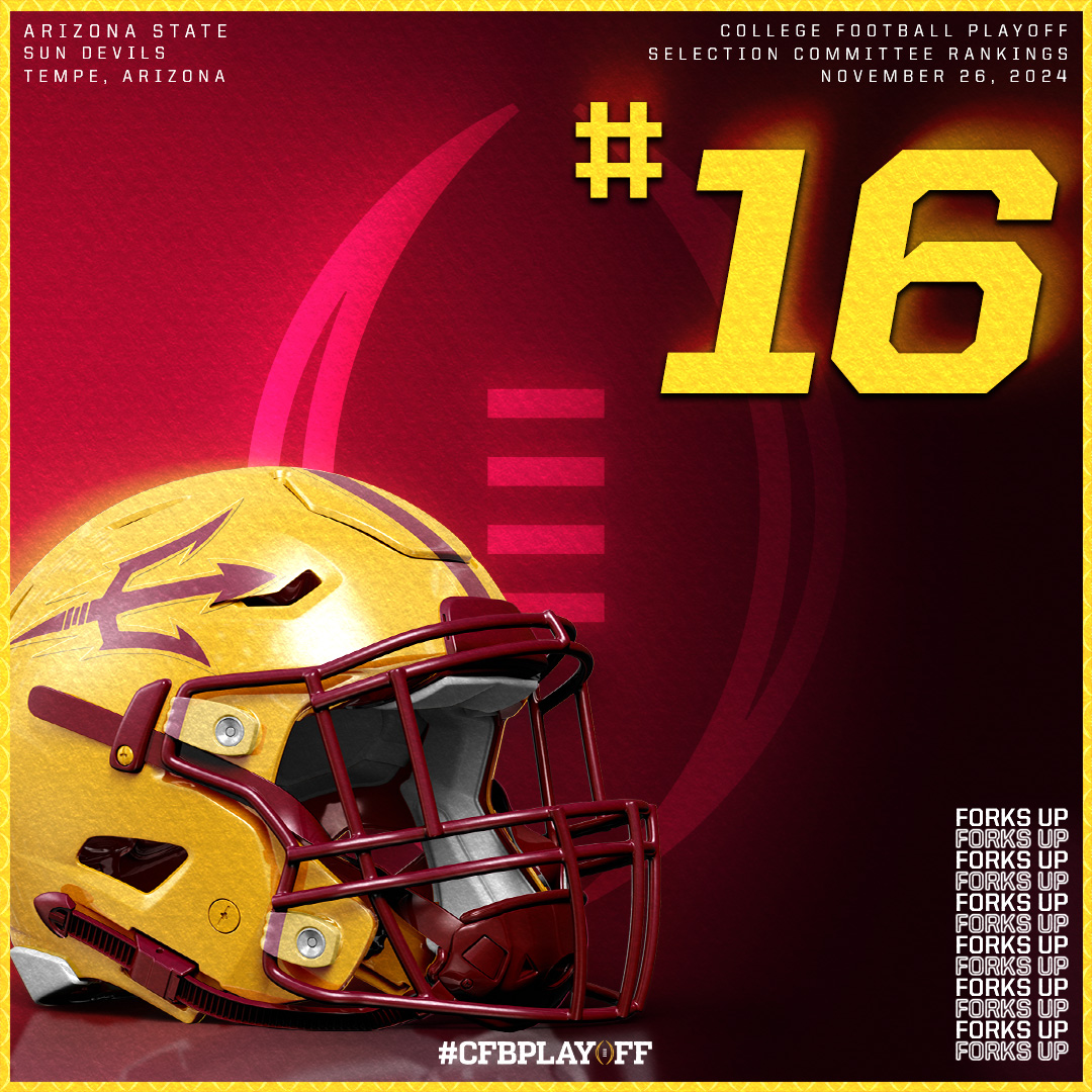 November 2️⃣6️⃣ College Football Playoff Selection Committee Rankings

#CFBPlayoff🏈🏆

1️⃣6️⃣. Arizona State // <a href="/ASUFootball/">Sun Devil Football</a>