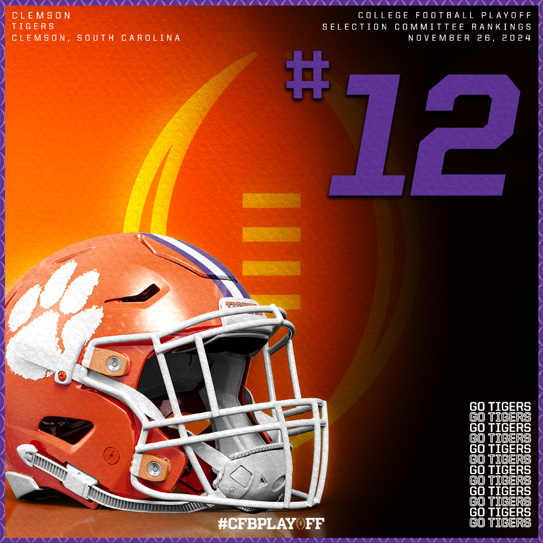 CFBPlayoff's tweet image. November 2️⃣6️⃣ College Football Playoff Selection Committee Rankings

#CFBPlayoff🏈🏆

1️⃣2️⃣. Clemson // @ClemsonFB