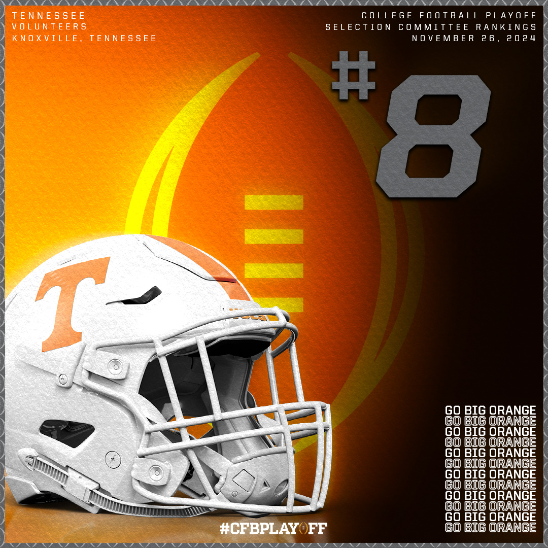 November 2️⃣6️⃣ College Football Playoff Selection Committee Rankings

#CFBPlayoff🏈🏆

8️⃣. Tennessee // <a href="/Vol_Football/">Tennessee Football</a>