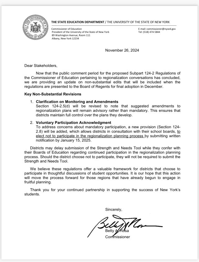 Please see this important update regarding Regionalization from NYSED. The optional nature has been made clear.
