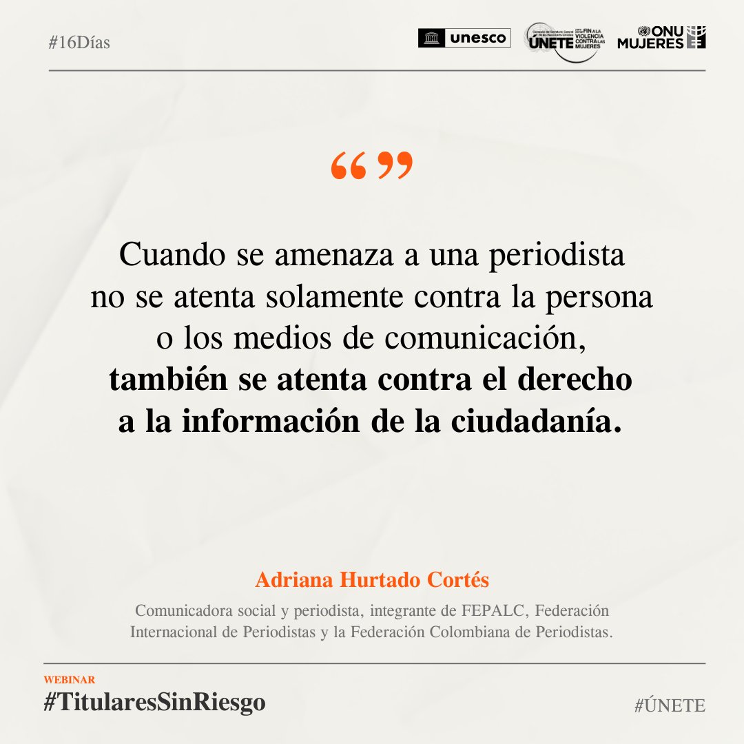 💬 “Cuando se amenaza a una periodista (...) también se atenta contra el derecho a la información de la ciudadanía”. ​

​—<a href="/adrianahurtado/">Adriana Hurtado 🔊</a> <a href="/FEPALC/">FEPALC</a> en Webinar #TitularesSinRiesgo. 🗞️ #16días #ÚNETE