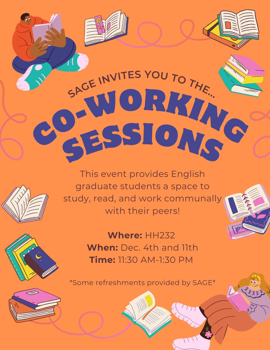 December 4th and December 11th  from 11:30 am – 1:30 pm, join your fellow grads in the Department Library (HH232) to work on anything and everything. 

SAGE will be providing some refreshments (tea, water, and some small snacks).