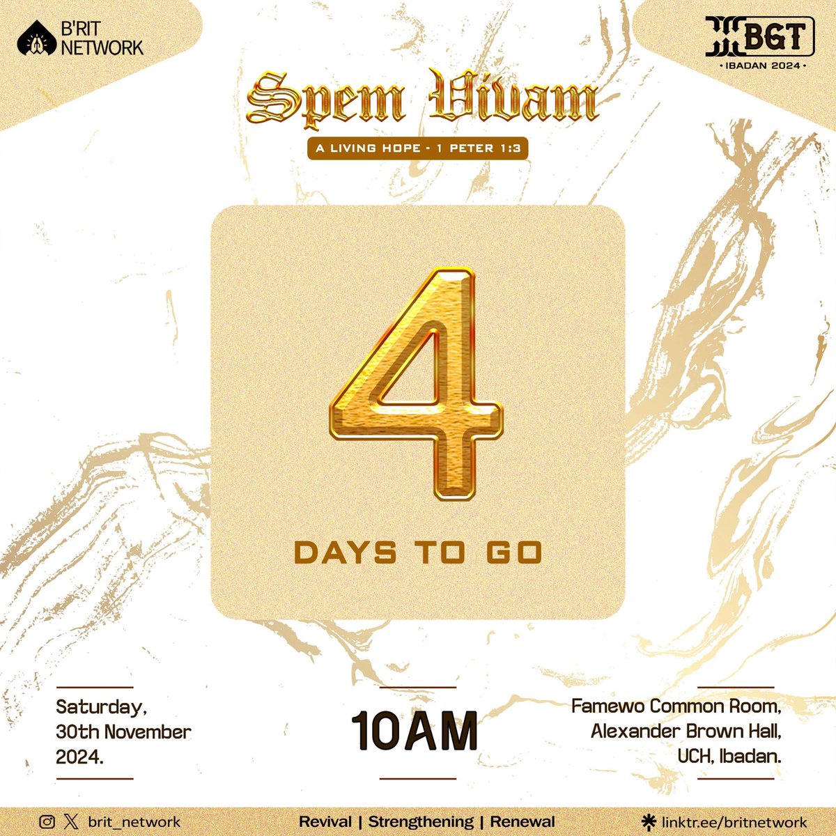 brit_network's tweet photo. 7 REASONS TO ATTEND BGT

1️⃣ Hear sound biblical gospel-centered preaching on important topics (check sessions).
2️⃣ Fellowship and connect with like-minded believers from Ibadan and beyond.
3️⃣ Participate in interactive discussions to help view your vocation biblically. https://t.co/G8qUAPGHVW