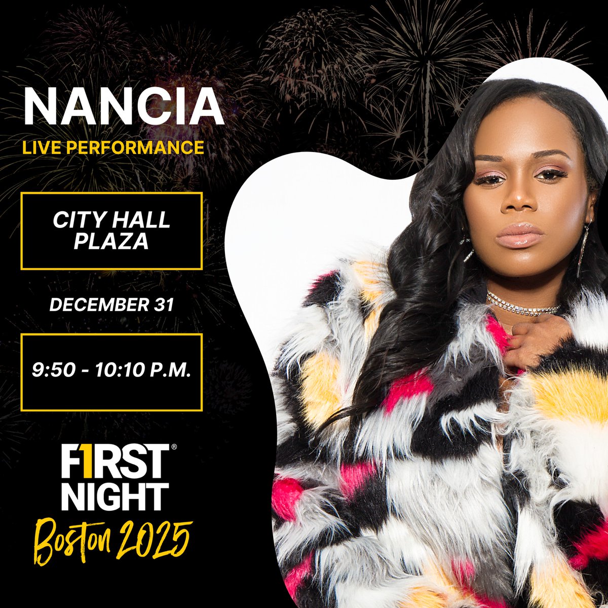FirstNight's tweet photo. Returning to #FirstNightBoston is @NANCIAMUSIC! Nancia is an R&amp;B artist and three-time Boston Music Awards nominee for Best R&amp;B Artist of the Year. Her empowering music creates safe spaces for women everywhere! Watch her perform on the main stage from 9:50 to 10:10 p.m. https://t.co/NOPdhnpMhT