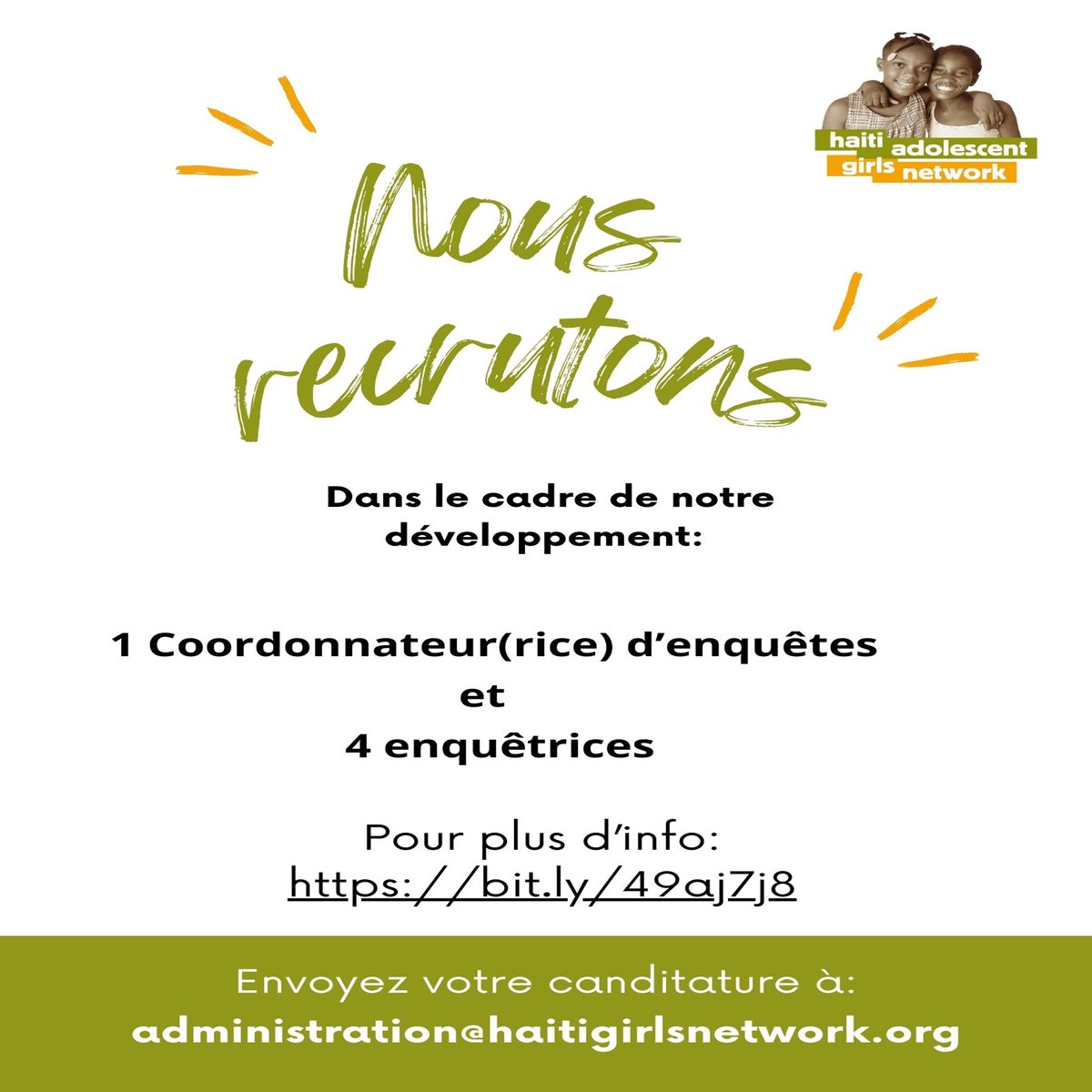 hagnnetwork's tweet photo. Vous êtes motivé(e), engagé(e), et avez le désir de contribuer à une organisation féministe? Nous recherchons: 1 Coordonateur (rice) et 4 enquêtrices.
Pour plus d'info: https://t.co/objrW0KrtY https://t.co/qCfExQVor6