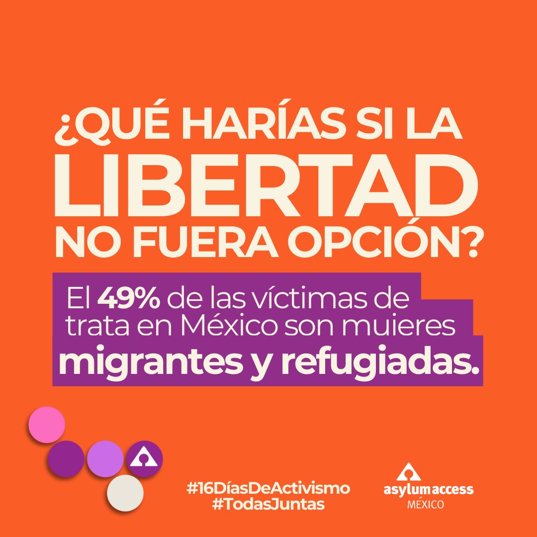 AsylumAccessMX's tweet photo. El 49% de las sobrevivientes de trata en México son mujeres migrantes y refugiadas.

Este dato es un reflejo de una problemática urgente en un país que es origen, tránsito y destino de este delito.
#16DaysofActivism #16DíasDeActivismo https://t.co/rsX1gZyHba
