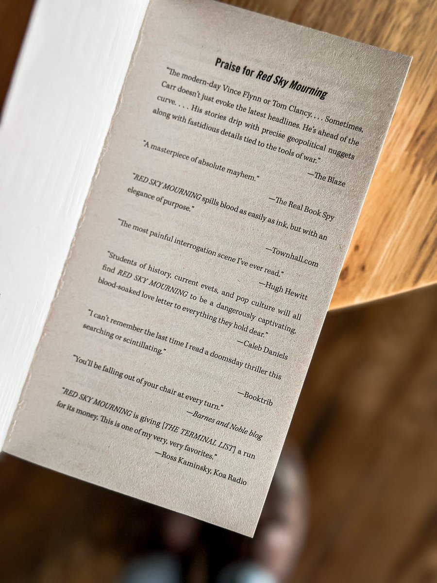 Honored and thrilled to be blurbed on the back cover &amp; first page of the mass market paperback edition of RED SKY MOURNING, the 007th James Reece novel from my friend <a href="/JackCarrUSA/">Jack Carr</a> .

This book was a magnificent love letter to 007, and I mean every word quoted here. 🤙🏻🍸