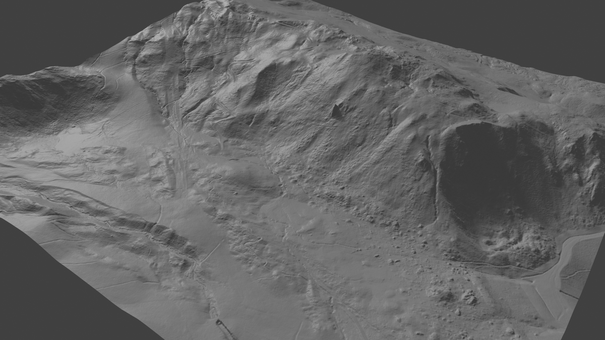 steven_lr's tweet photo. I've been playing around with IGN #LiDARHD data. Here is a DTM extracted from a point cloud tile in Les Arcs, France, displayed in Blender.
Left image is the 1km x 1km tile, at 25cm resolution. The right image is an MTB trail, super detailed! https://t.co/FlNtpewJsX