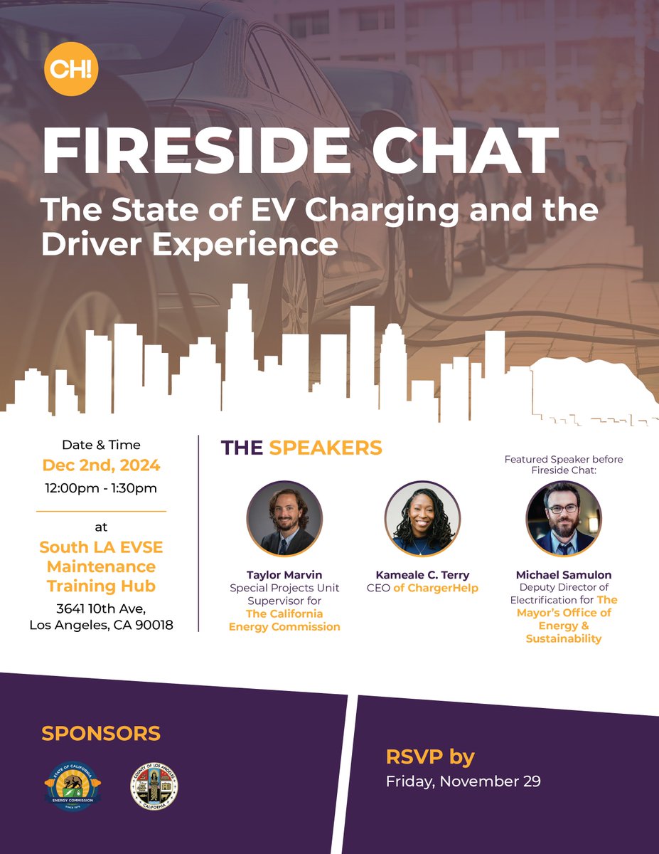 Patty Monahan (@patty_cec) on Twitter photo ⚡🔌 Next Monday, <a href="/ChargerHelp/">ChargerHelp!</a> is hosting a fireside chat to discuss the "State of EV Charging and the Driver Experience". Join <a href="/CalEnergy/">California Energy Commission - ⚡#CalEnergy</a> 's Taylor Marvin and CEO <a href="/KamealeC/">protect our EVSE investments</a> on December 2nd from 12-1:30pm.
RSVP by Friday, Nov. 29: docs.google.com/forms/d/e/1FAI… ⚡🔌 Next Monday, <a href="/ChargerHelp/">ChargerHelp!</a> is hosting a fireside chat to discuss the "State of EV Charging and the Driver Experience". Join <a href="/CalEnergy/">California Energy Commission - ⚡#CalEnergy</a> 's Taylor Marvin and CEO <a href="/KamealeC/">protect our EVSE investments</a> on December 2nd from 12-1:30pm.
RSVP by Friday, Nov. 29: docs.google.com/forms/d/e/1FAI…