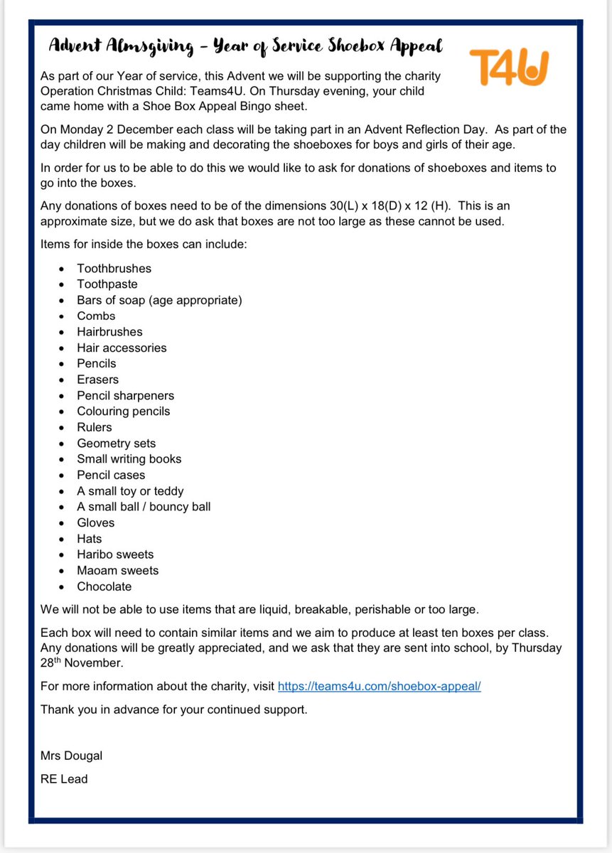 🎁 GSA are running the shoe box appeal for advent 🎁

All donations to be brought into school by Thursday 28th November

@thegsaprimary <a href="/GSChurchNotts/">The Good Shepherd and St Anthony’s parishes</a> 

🪥🧼🪮🎀✏️📏📐🗒️🧤🧢🍬🍭🍫🚗🧸🎾
