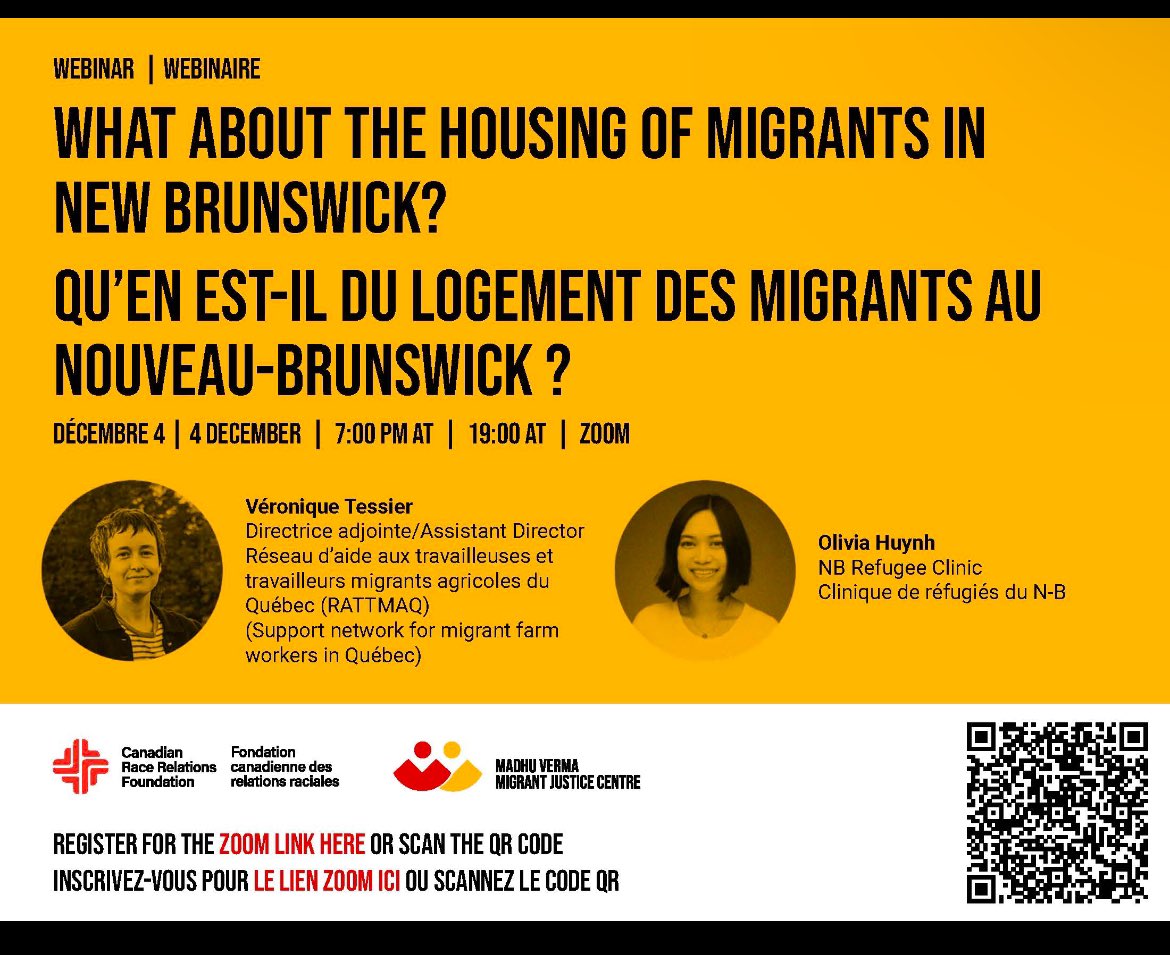 What about the housing of migrants?
Qu’en est-il des soins de santé des migrants/tes ?

December 4 | 4 décembre
7:00 PM AT | 19 H 00 (Heure de l'Atlantique)

Register for the Zoom link here: us06web.zoom.us/meeting/regist…