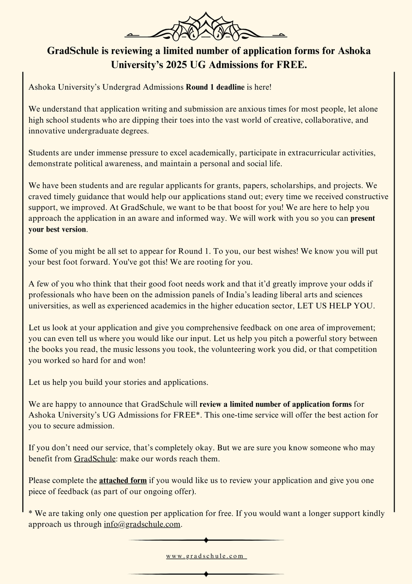 GradSchule's tweet photo. We are happy to announce that we will review limited applications for #AshokaUniversity’s 2025 #UG #Admissions for FREE. 

Send your request through https://t.co/LLzW1Kgdoz… 

Make our words reach someone who may benefit from
@GradSchule by sharing this post. Thank you. https://t.co/3icfyAjAzB