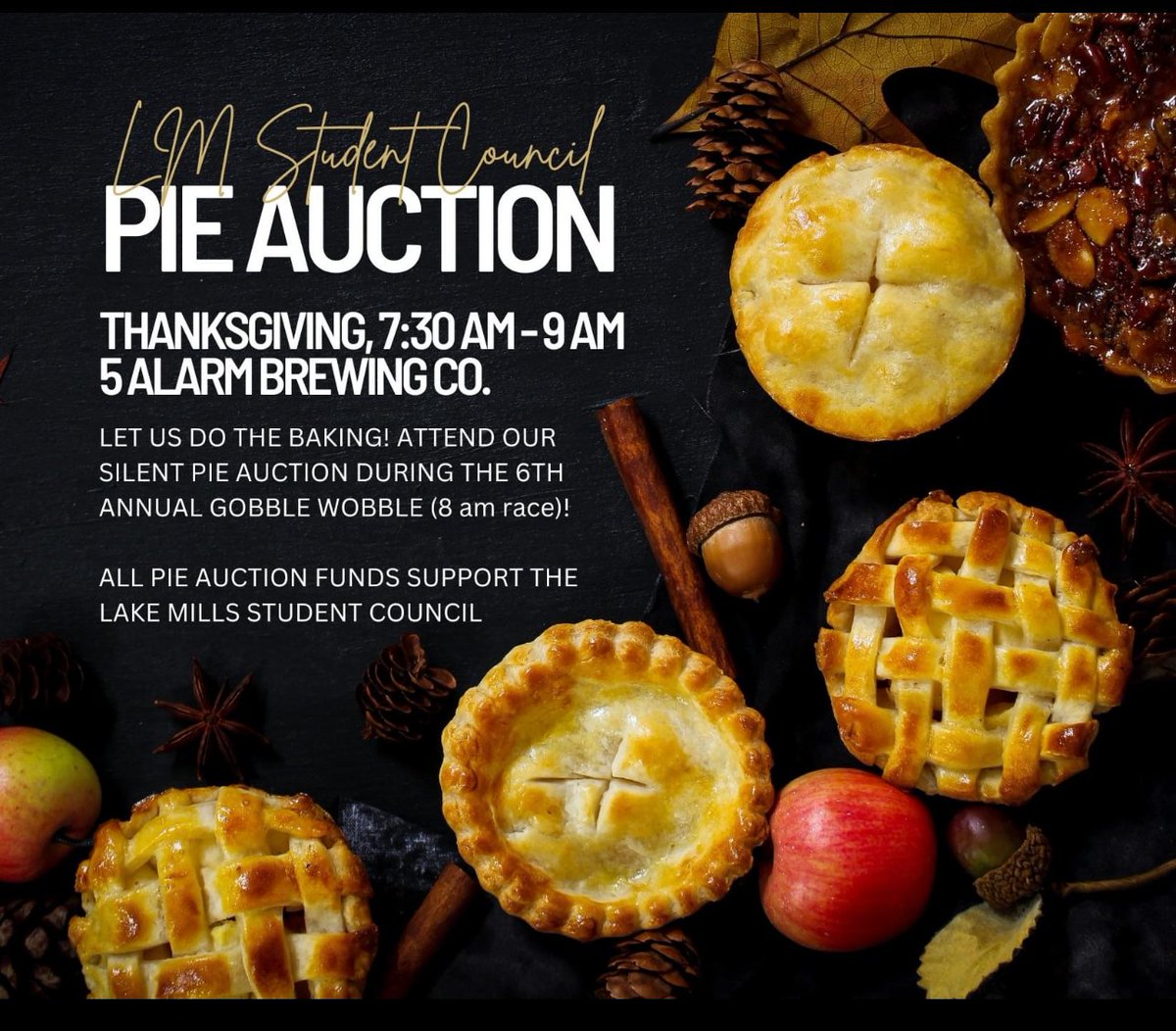 🦃The High School Student Council will be hosting a pie auction during the annual Gobble Wobble, this Thursday!  

💰️ Proceeds benefit the Student Council.

🥧 Run, Walk, or Wobble and purchase a pie for lunch!