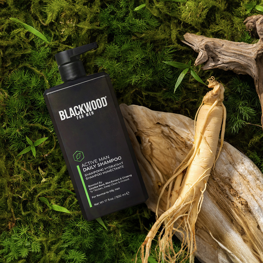 Blackwoodformen's tweet image. Say goodbye to oily and thin hair with our Active Man Daily Shampoo! 🧑🏻 Our #BotanicalBoost formula, enriched with rice extract and Panax ginseng, regulates excess oil, promotes healthy hair growth, and improves blood circulation for fuller, voluminous locks. 🌿#haircare #shampoo