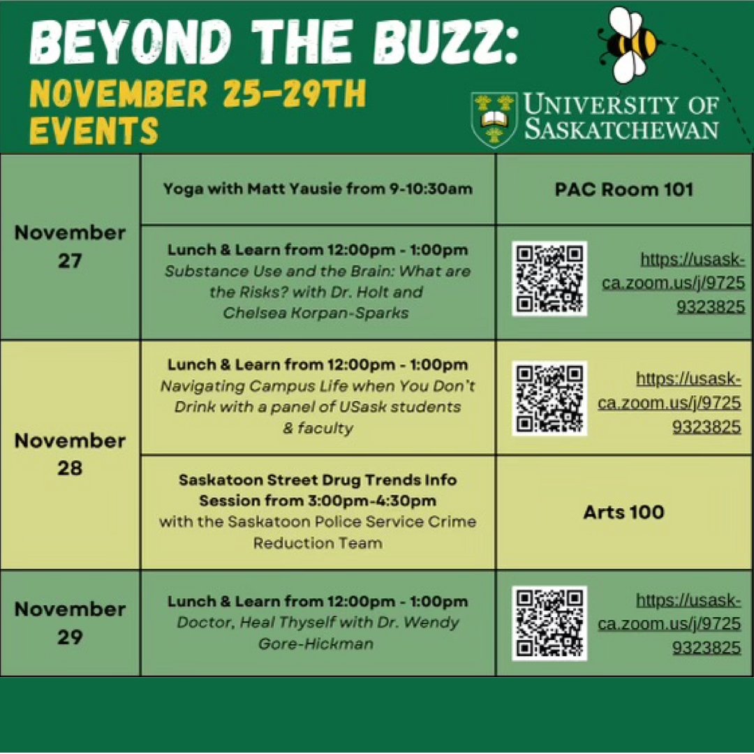 USask is proud to host a variety of events and sessions in honour of  National Addictions Awareness Week (November 25–29). Scan the QR codes  to join the sessions.