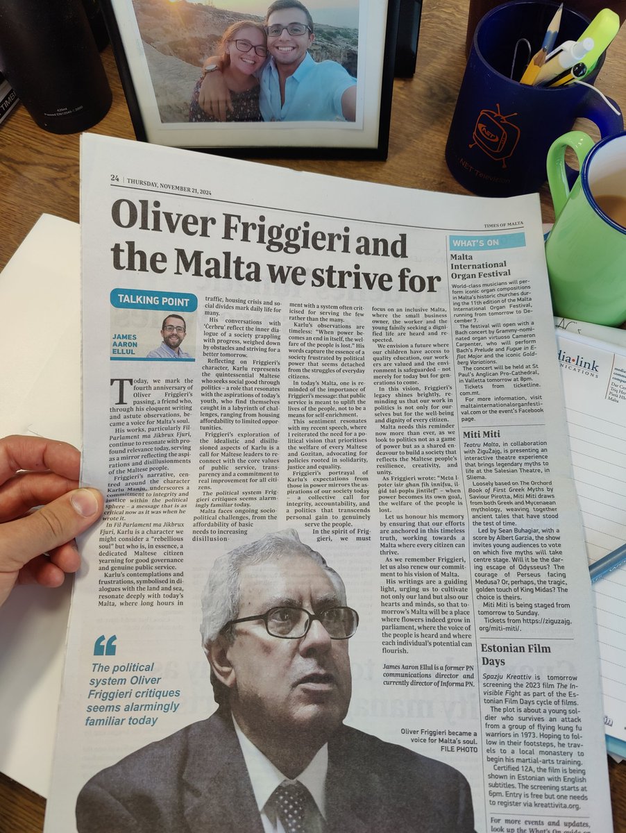 James Aaron Ellul (@jamesaaronellul) on Twitter photo In <a href="/TheTimesofMalta/">Times of Malta</a> I reflected on how politics should always serve the people, drawing inspiration from Oliver Friggieri’s timeless insights in Fil-Parlament ma Jikbrux Fjuri. Our future depends on leadership that prioritizes the common good. #Malta
timesofmalta.com/article/oliver… In <a href="/TheTimesofMalta/">Times of Malta</a> I reflected on how politics should always serve the people, drawing inspiration from Oliver Friggieri’s timeless insights in Fil-Parlament ma Jikbrux Fjuri. Our future depends on leadership that prioritizes the common good. #Malta
timesofmalta.com/article/oliver…