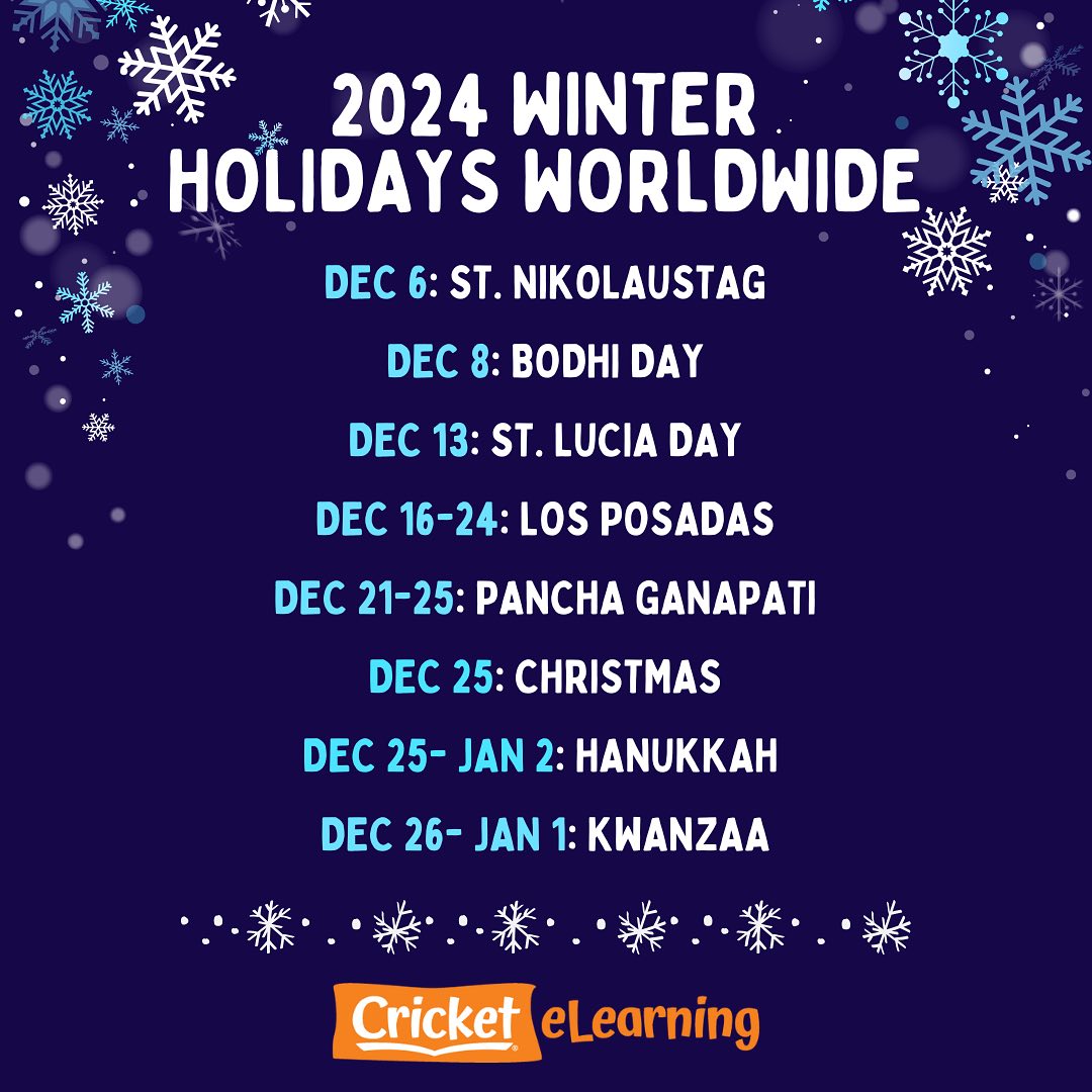 The winter holidays are right around the corner- but which #holidays? Many holidays are celebrated around the world! Learn more about these upcoming celebrations! blog.cricketelearning.com/14-fall-and-wi…?