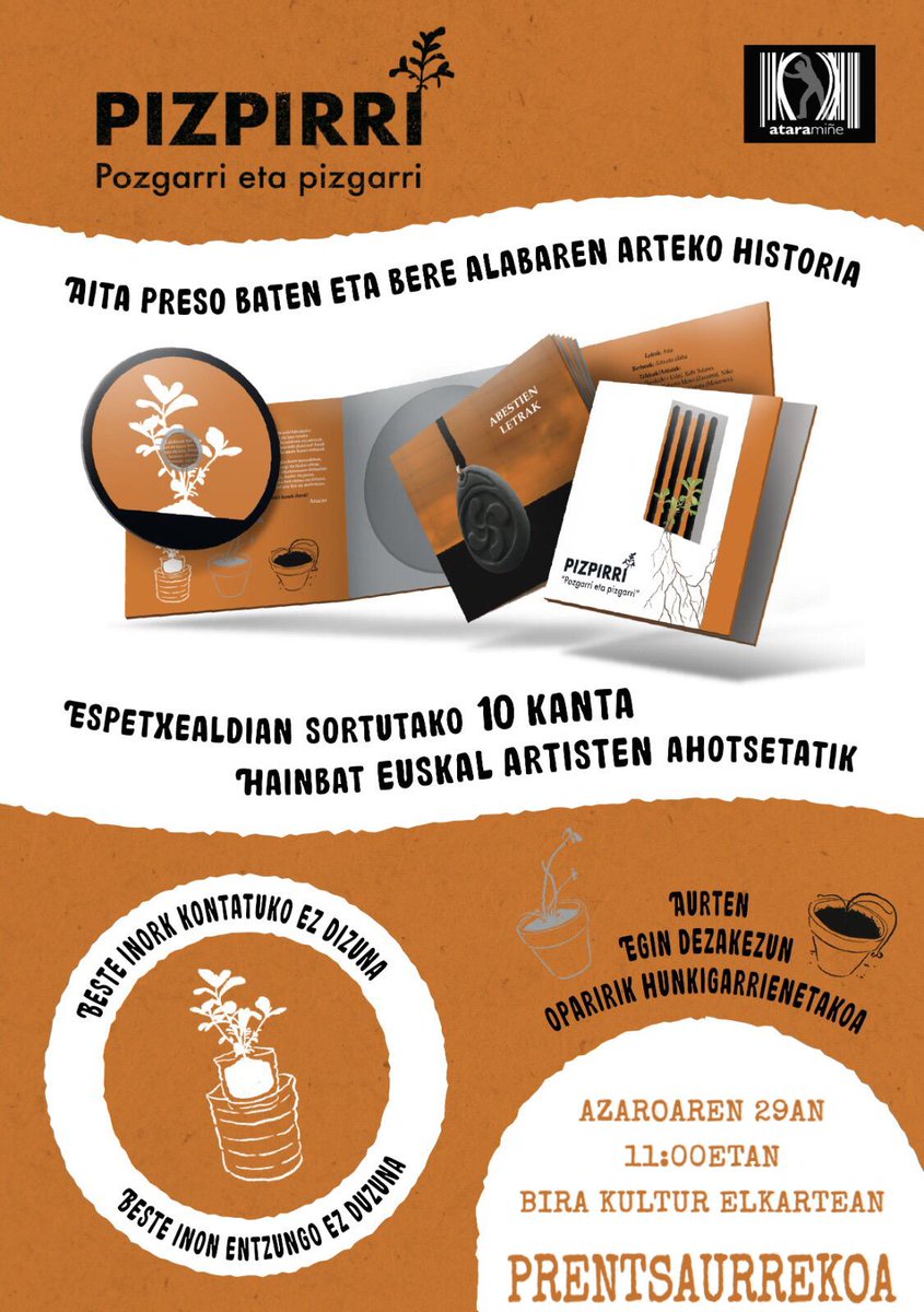 ✅  Ostiralean 11:00etan disko-aurkezpena

👉 Espetxe hormek suntsitu ez duten harreman baten errelatoa
👉 Aita presoaren eta alabaren arteko historia
👉 Espetxean sortutako 10 kanta euskal artisten ahotsetatik

▶️ BIRA Kultur Gunean
▶️ Erronda kalea 2 • Bilbo
▶️ <a href="/BIRA_Kultura/">BIRA Kultur Gunea</a>