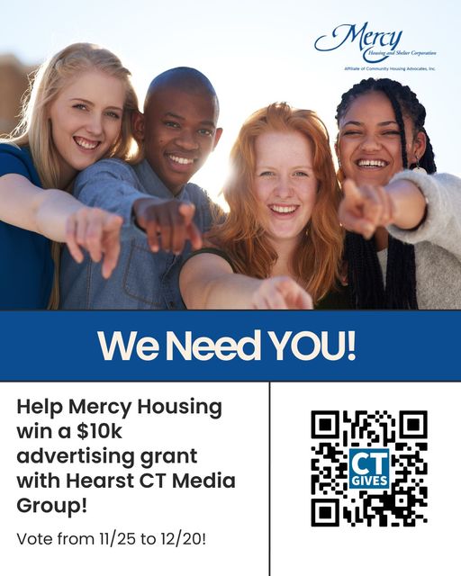 CTMercyHousing's tweet photo. Help us win a $10,000 ad grant from Hearst CT Media, (@connpost, @Middletownpress, @connecticutmag, @Record_Journal) to share our work in Greater Hartford, Middletown &amp; Meriden. Click the link or scan the QR code to vote. Voting runs 'til December 20! https://t.co/U1qy6ndsfW https://t.co/ccVvNMARwr