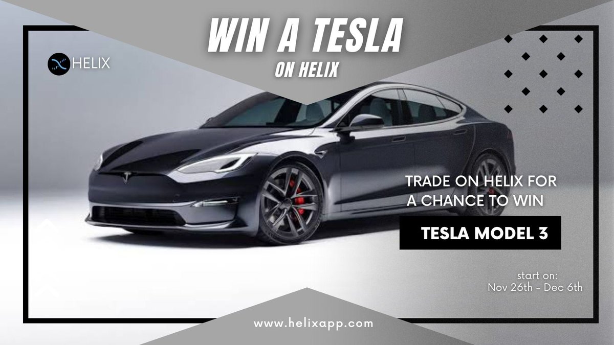 Win a tesla 💥

we love Elon don't we?

<a href="/HelixApp_/">Account moved to @HelixMarkets</a> is giving away a Tesla model 3 to celebrate Elon becoming the world's first pre-Trillionaire.

So, who wins this Tesla?

The trader on Helix with the highest realized PnL during completion period. 

starts : Nov 26th - Dec 6th