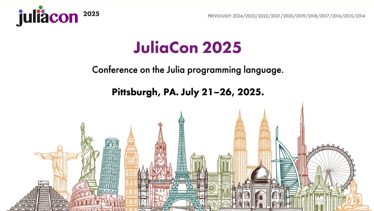 JuliaHub_Inc's tweet image. JuliaCon 2025 Call for Minisymposia Proposals: JuliaCon 2025 will be in Pittsburgh July 21-26, and the Call for Minisymposia Proposals is open now. Click here for more information juliacon.org/2025/ 
#JuliaLang #JuliaCon #Minisymposia  #Conferences #Programming #Pittsburgh