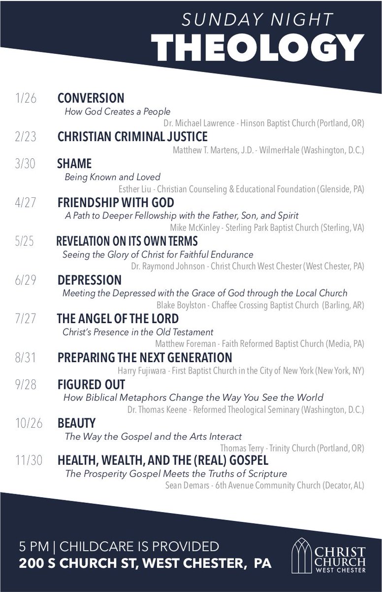 Thrilled to announce <a href="/christchurchwc/">Christ Church West Chester</a>’s 2025 Sunday Night Theology schedule. More info on each lecture can be found here: christchurchwc.org/sunday-night-t…. If you’re in/near West Chester, join us on the last Sunday of each month at 5 PM for SNT. All are welcome. Questions are encouraged.