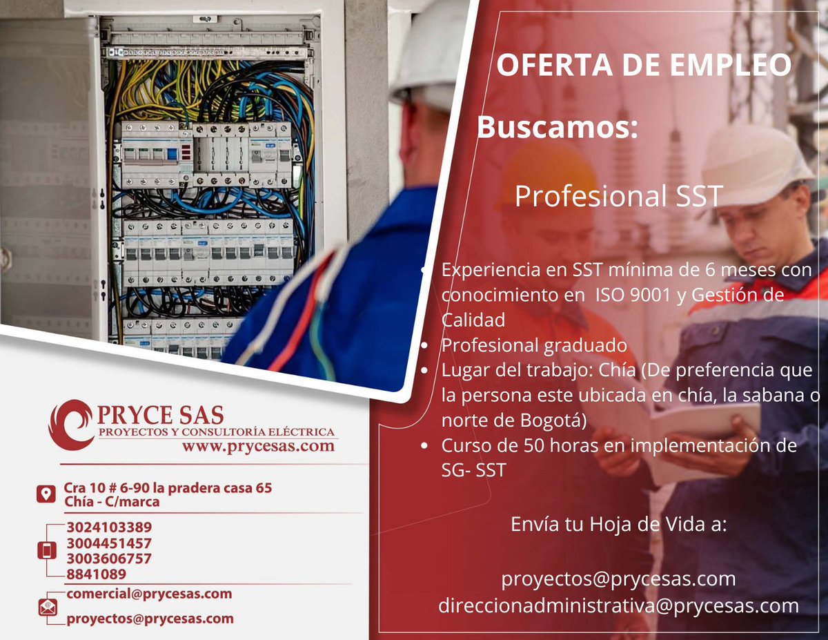 prycesas's tweet photo. Se parte de la Familia Pryce ⛑️🤝🏻👷🏻‍♀️👷🏻‍♂️ Envíanos tu Hoja de Vida #SST #profesionalenseguridadysaludeneltrabajo #HSEQ #HSE #Calidad... Ver más
— en Proyectos y Consultoria Eléctrica Pryce SAS. https://t.co/OZC79WPCVl