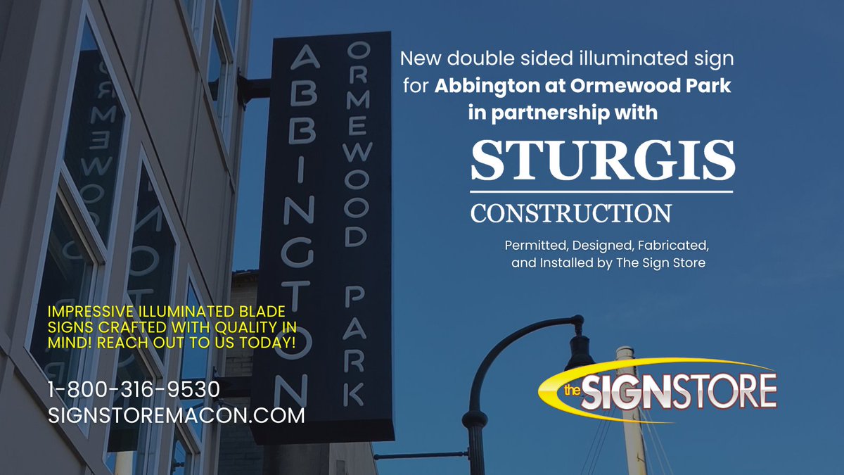 signstoremacon's tweet image. We partnered with Sturgis Construction to design, fabricate, and install this sleek illuminated blade sign for The Abbington at Ormewood Park Apartments. Ready to make your brand stand out? 1-800-316-9530
#BladeSigns #IlluminatedSignage #AtlantaBusinesses #TheSignStore